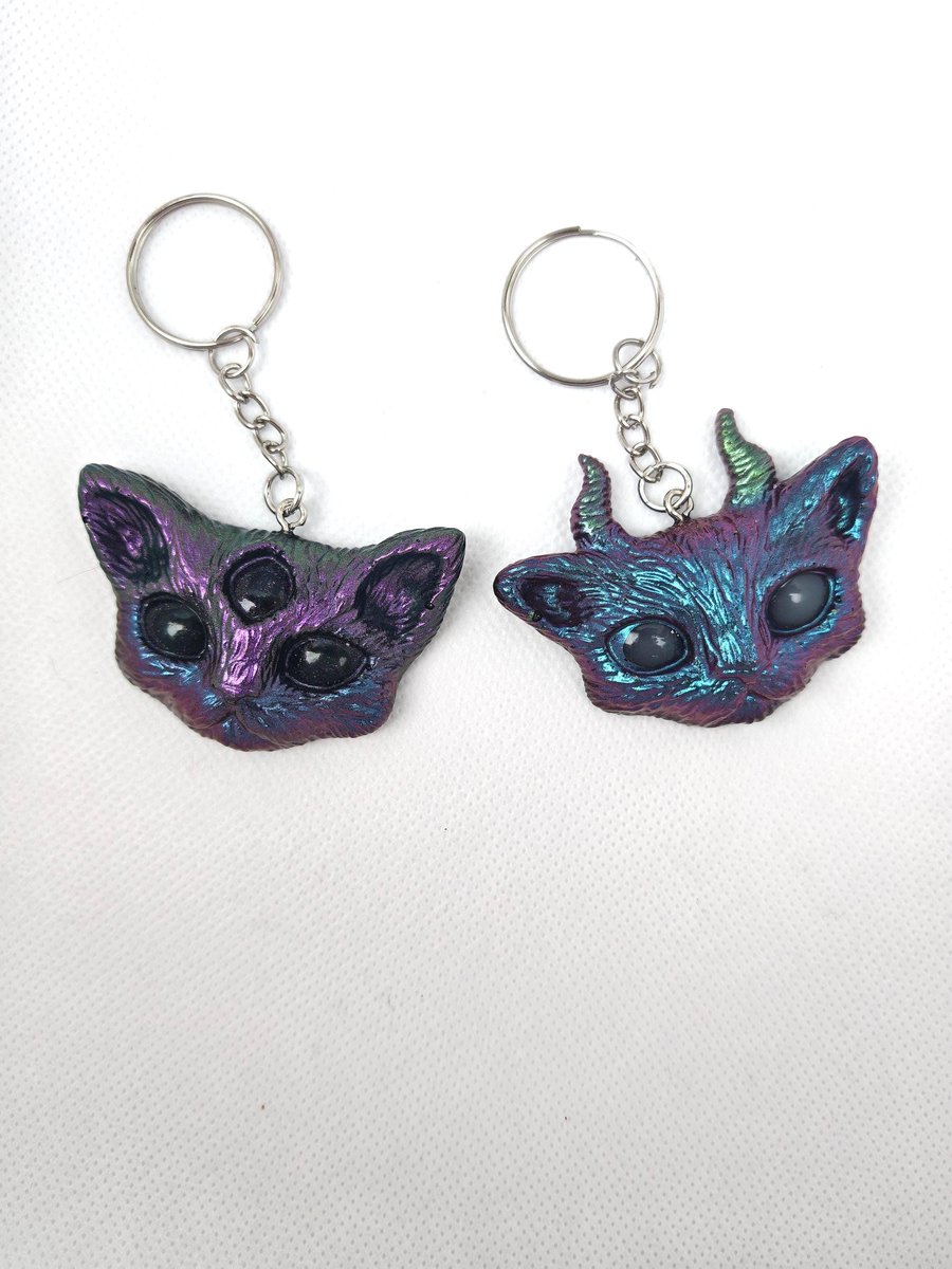 Gothic Horned Cat Keyring Set: Handmade Resin Devil Duo- Friends Gift