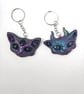 Gothic Horned Cat Keyring Set: Handmade Resin Devil Duo- Friends Gift