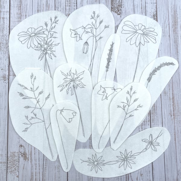 Meadow flower stick and stitch embroidery designs. Wash away flower patterns. 