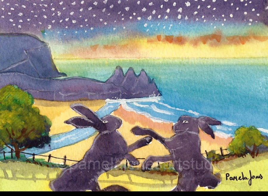 Boxing Hares, Three Cliffs Bay, Gower, Watercolour Print in 8 x 6 '' Mount