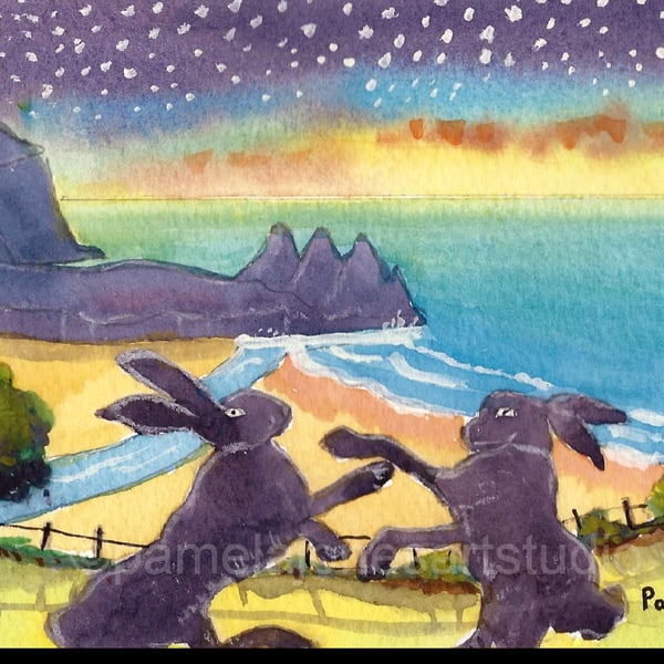 Boxing Hares, Three Cliffs Bay, Gower, Watercolour Print in 8 x 6 '' Mount