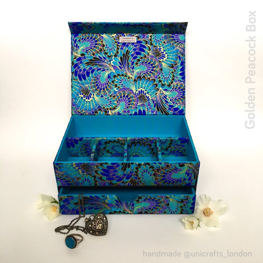 Golden Peacock Handmade Organiser, Multipurpose Box, Fabric Covered, Home Decor 
