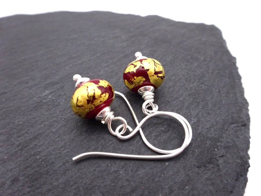 sterling silver earrings, red and gold leaf lampwork glass jewellery