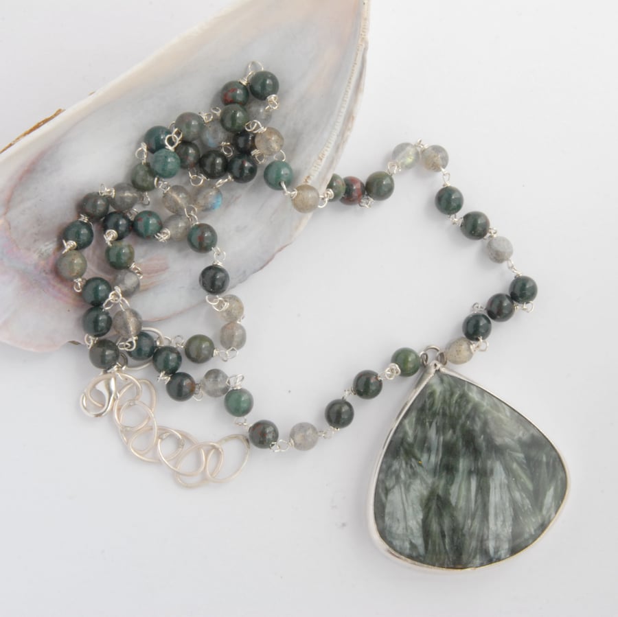 Seraphinite and bloodstone silver necklace