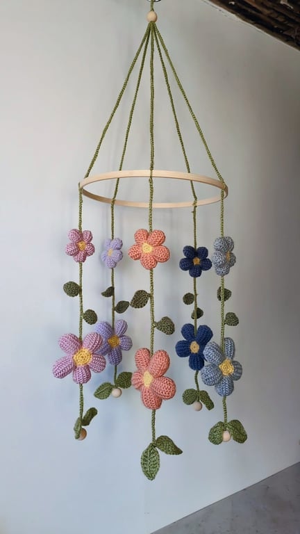 Crochet flower nursery mobile - multi coloured flowers