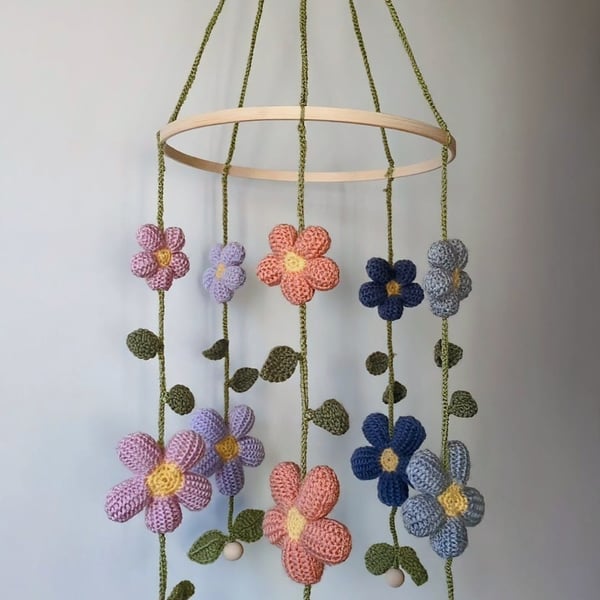Crochet flower nursery mobile - multi coloured flowers
