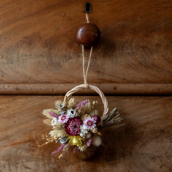 Mini dried flower pink and yellow wreath gift hanging