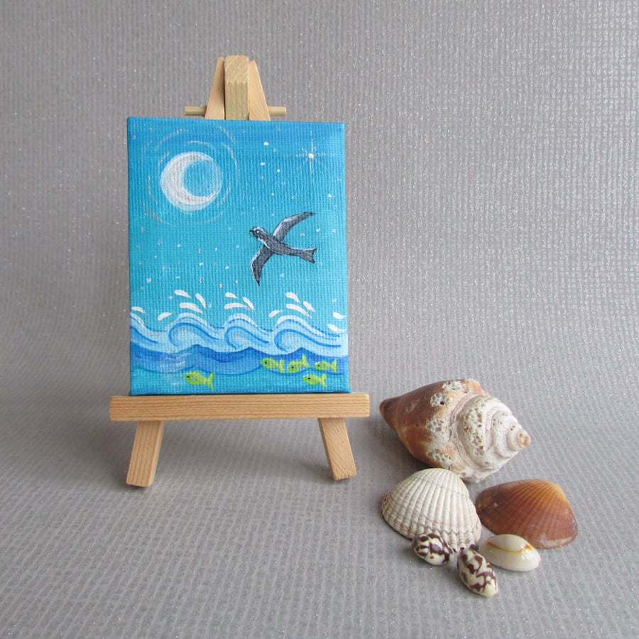 Moon & Wave Canvas & Easel for desk or shelf,  Small Canvas Desk Art