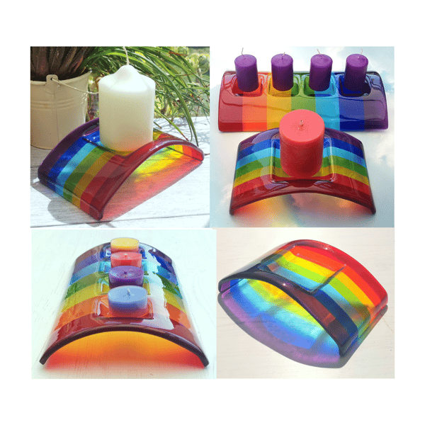 Handmade Fused Glass Rainbow Bridge Candle Holder - Rainbow Arch Tealight Candle