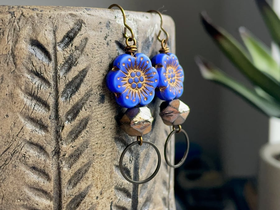 Blue & Gold Earrings. Czech Glass Floral Earrings. Anemone Flower Earrings