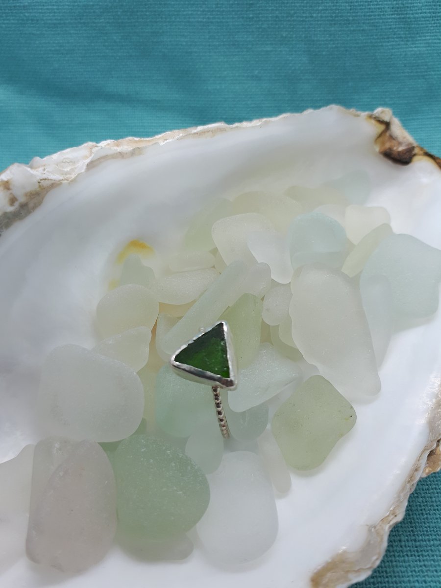 Green sea glass and silver ring