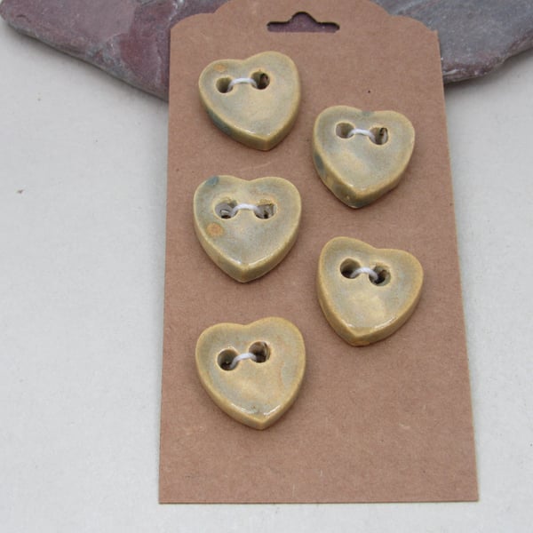 5 Small Heart Shaped Old Gold Ceramic Buttons