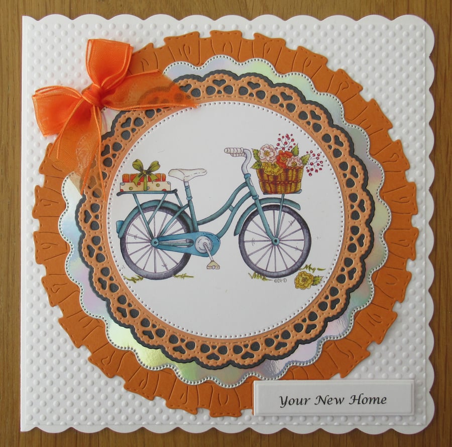 7x7" Bicycle with Flowers and Presents - New Home Card