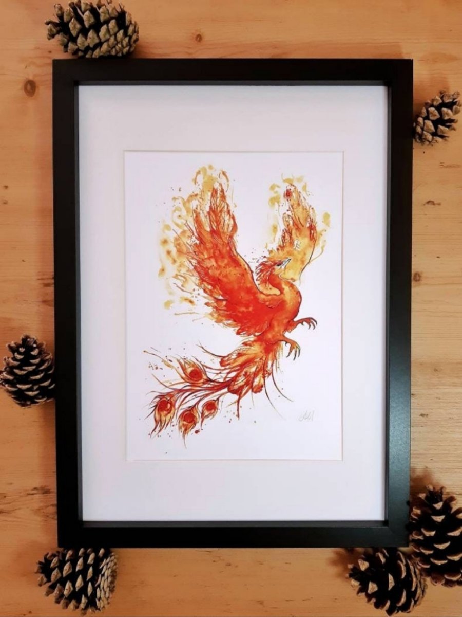 A4 Art Print: Fiery Phoenix Watercolour Painting Inspired by Fawkes, Signed