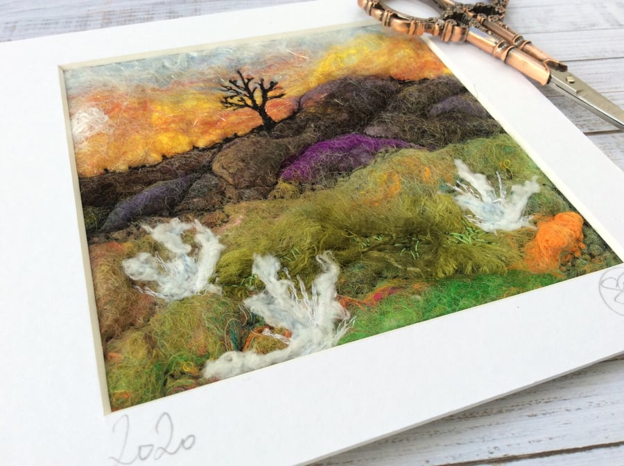 Embroidered wet felting landscape of Goathland with tree. 