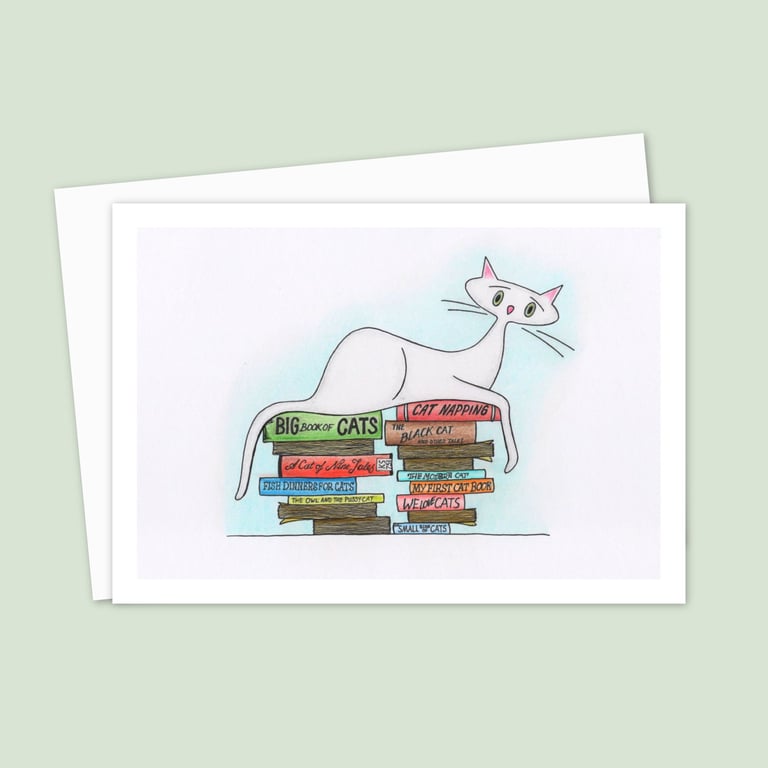 White Cat Greeting Card: Hand Drawn Illustration for a Cat Lover (118)