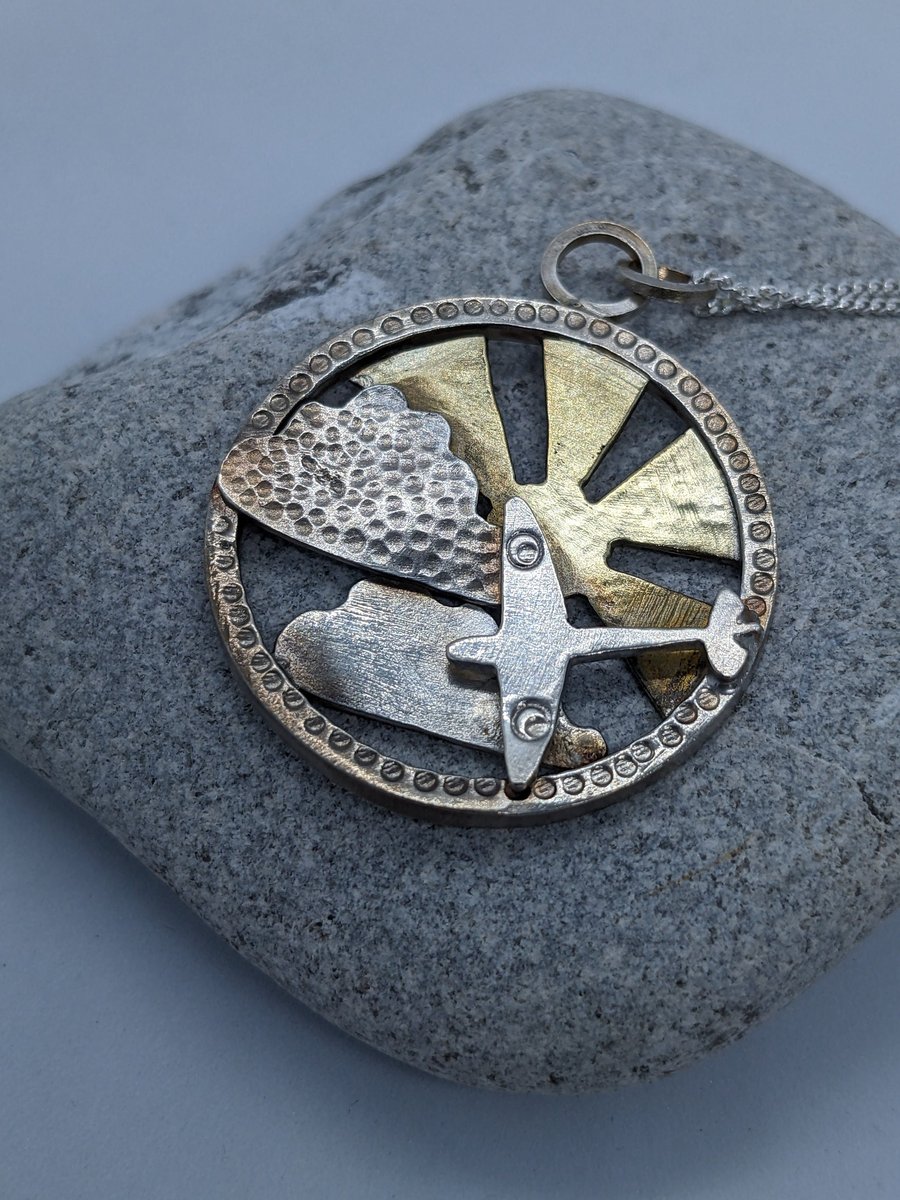 Original sterling silver and brass pendant, Handcrafted silver pendant with aero