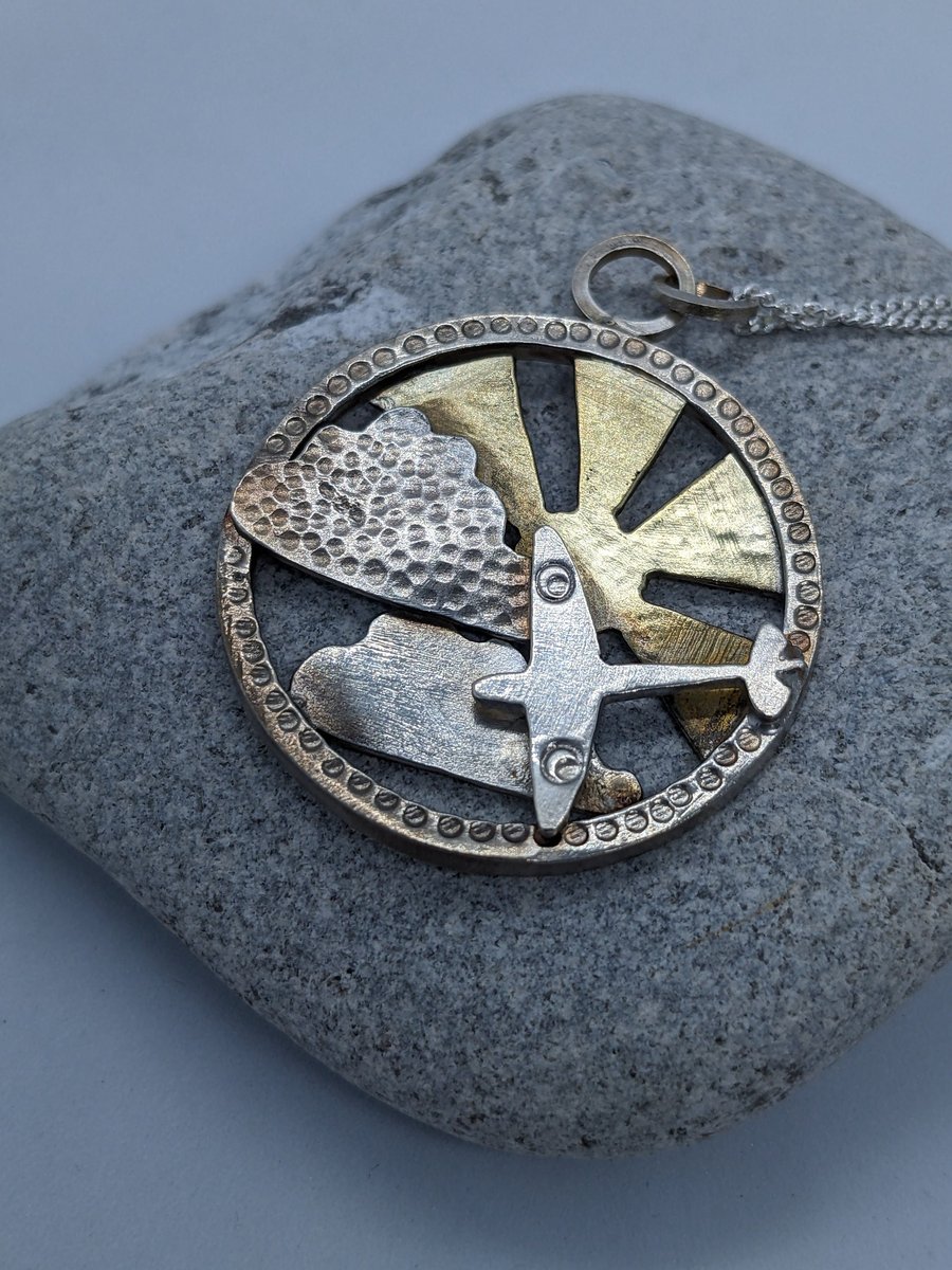Sterling silver and brass pendant, Silver aeroplane pendant, Spitfire necklace