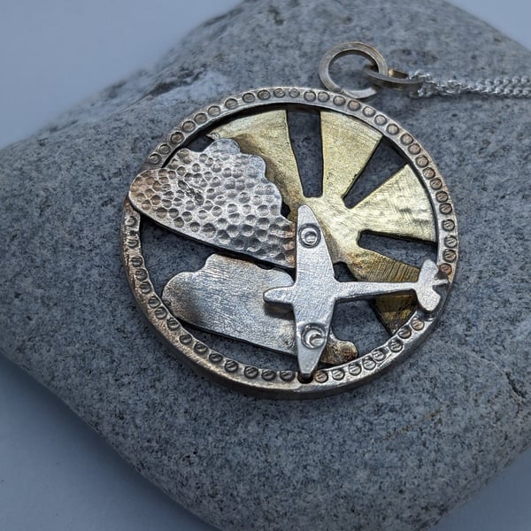 Original sterling silver and brass pendant, Handcrafted silver pendant with aero