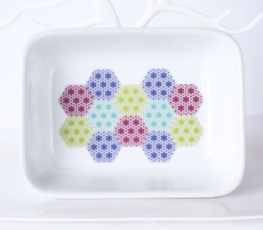 Pastel Patchwork Design Ceramic Dish, 13 x 9.5cm, Many Uses