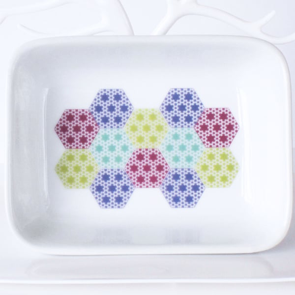 Pastel Patchwork Design Ceramic Dish, 13 x 9.5cm, Many Uses