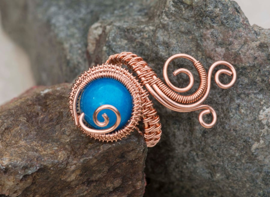 Copper ring ,copper ring-adjustable, wire wrapped Blue Quartzite ring.