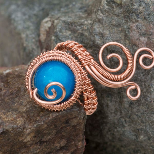 Copper ring ,copper ring-adjustable, wire wrapped Blue Quartzite ring.