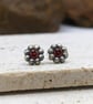 Recycled Sterling Silver Flower Stud Earrings, 4mm Garnet Gemstones, Handmade UK - Image 3