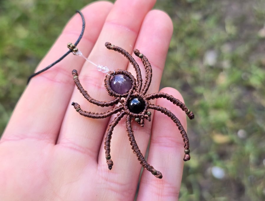 Macrame Spider Necklace with Amethyst and Onyx Gemstones 