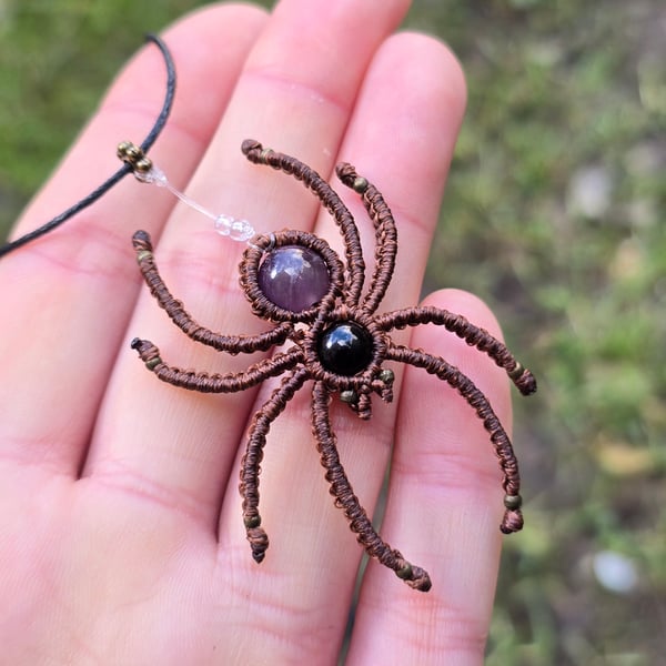 Macrame Spider Necklace with Amethyst and Onyx Gemstones 