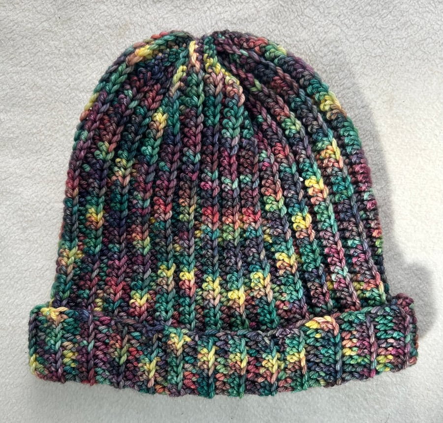 Crocheted beanie hat.