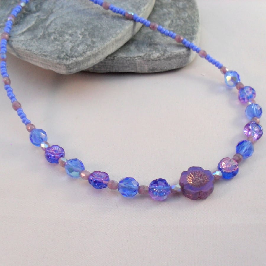 Purple Lilac and Blue Czech glass Flower Beaded Necklace