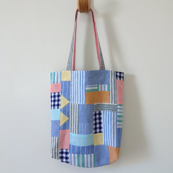 Irish Linen Patchwork Bag, Large Tote Bag