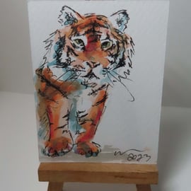 ACEO Animal Art Tiger Look Original Watercolour Ink Painting OOAK 