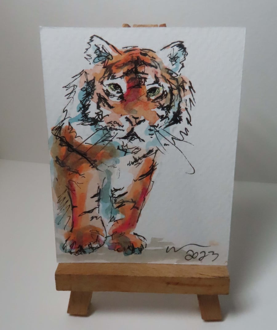 ACEO Animal Art Tiger Look Original Watercolour Ink Painting OOAK 