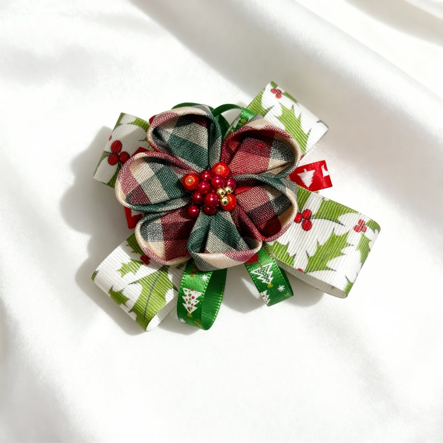 Handmade Christmas Ribbon Flower Hair Clip
