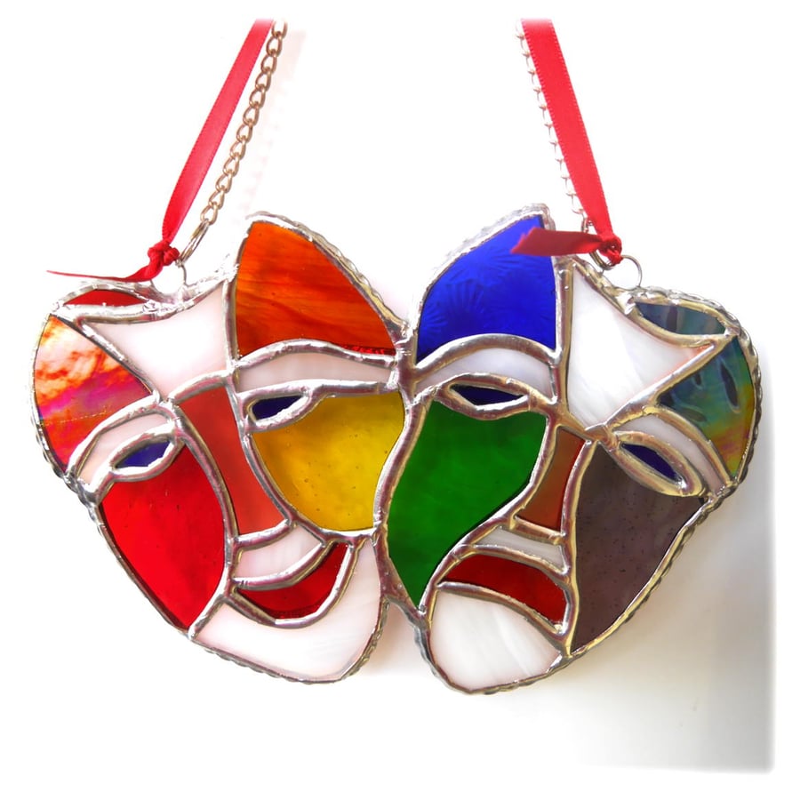 Comedy Tragedy Mask Stained Glass Suncatcher Rainbow handmade 