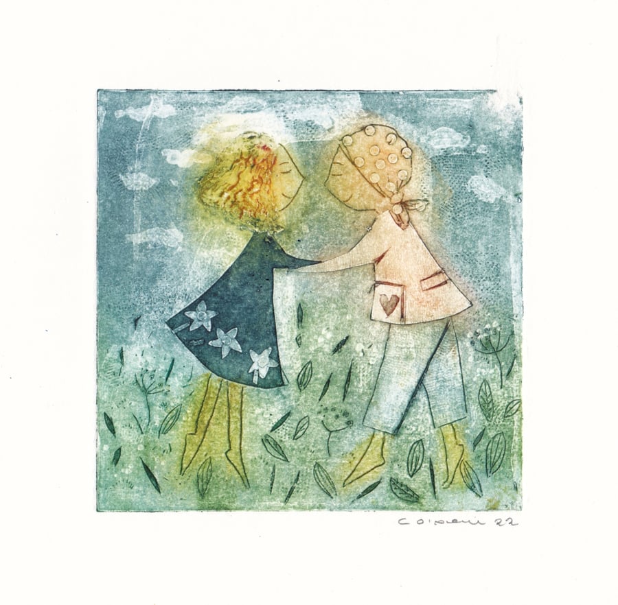 SECONDS SUNDAY - Friends number 1   -  handmade collagraph print