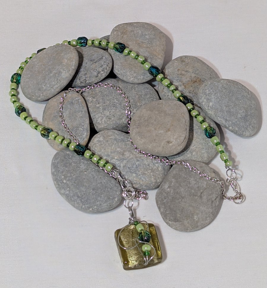Green Glass bead and Wirework Pendant