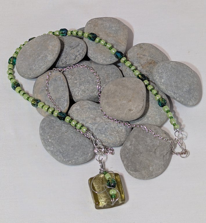 Green Glass bead and Wirework Pendant