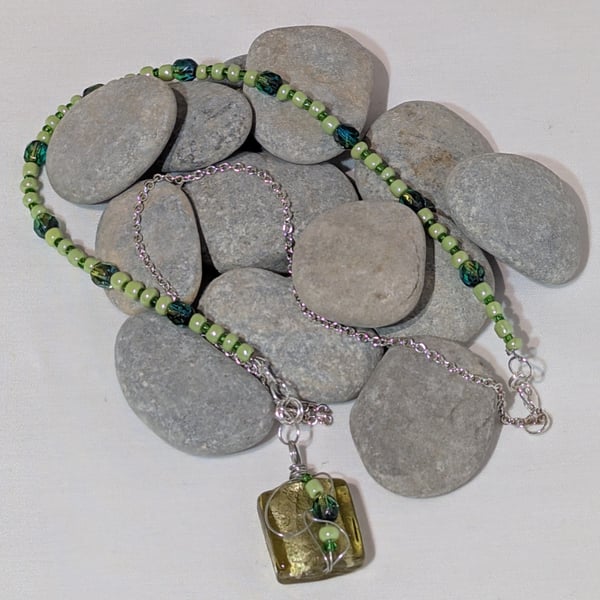 Green Glass bead and Wirework Pendant