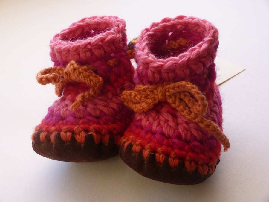 Wool & leather baby boots - pink orange stripe - 6-12 months