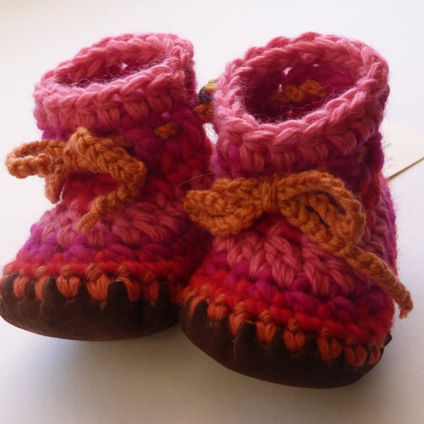 Wool & leather baby boots - pink orange stripe - 6-12 months