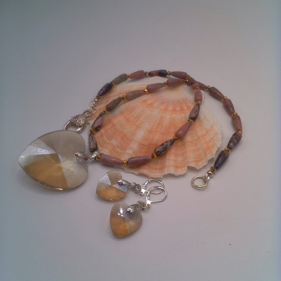 Pink Jasper Necklace with Crystal Heart and Matching Crystal Heart Earrings