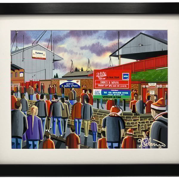 St Helens, Retro Knowsley Road Rugby Stadium Art Print. 14" x 11" Frame Size