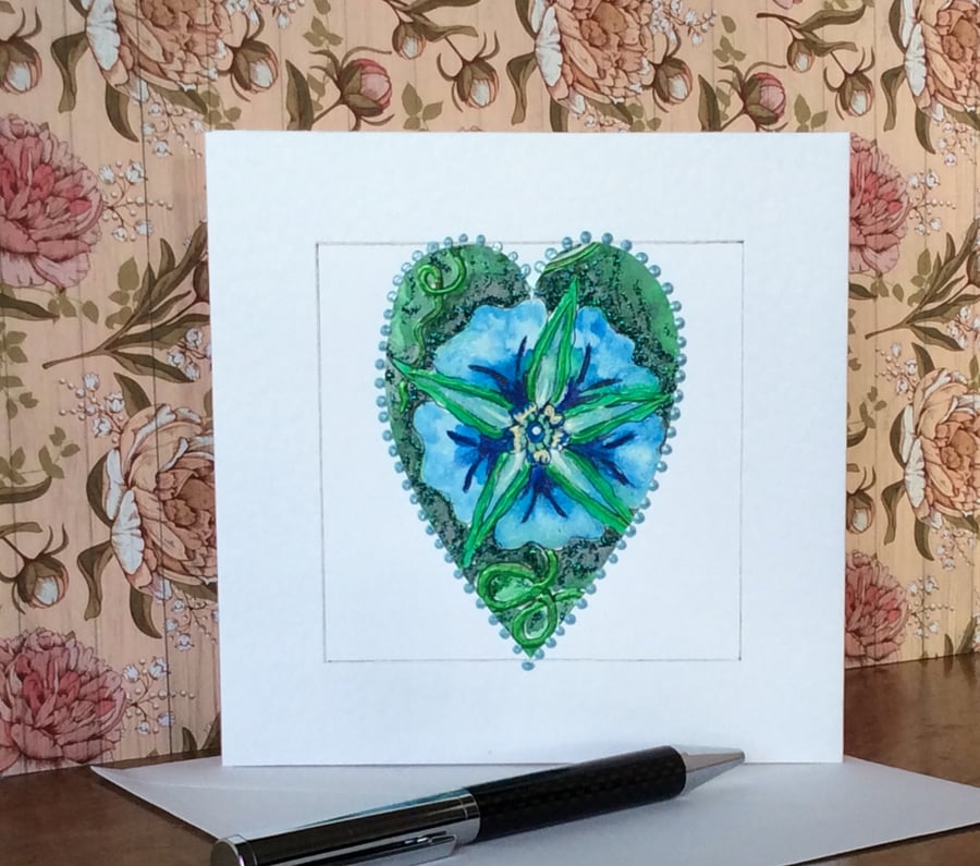Hand painted flower heart Art Card. 
