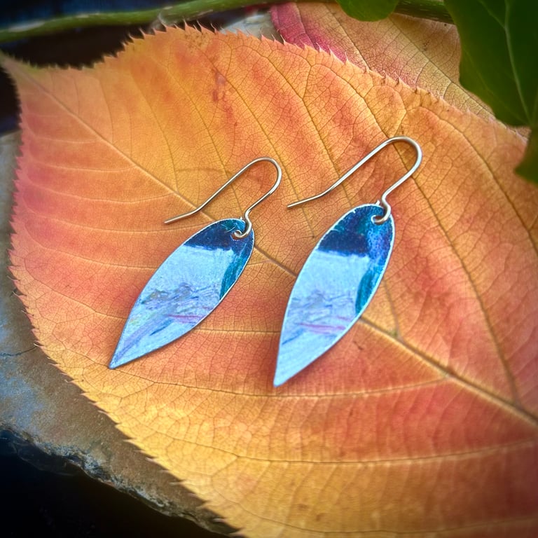 Blue and White Slim Leaf-Shaped Upcycled Tin Earrings