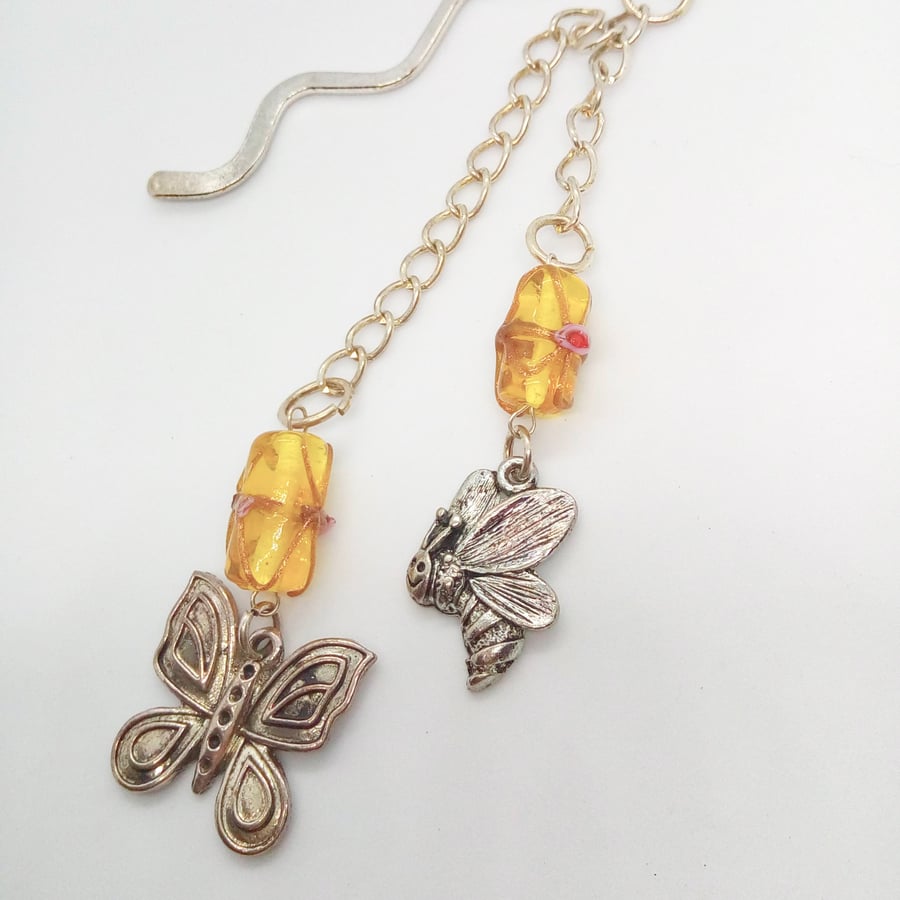 Silver Bookmark With Amber Lampwork Beads and Silver Butterfly and Bee Charms