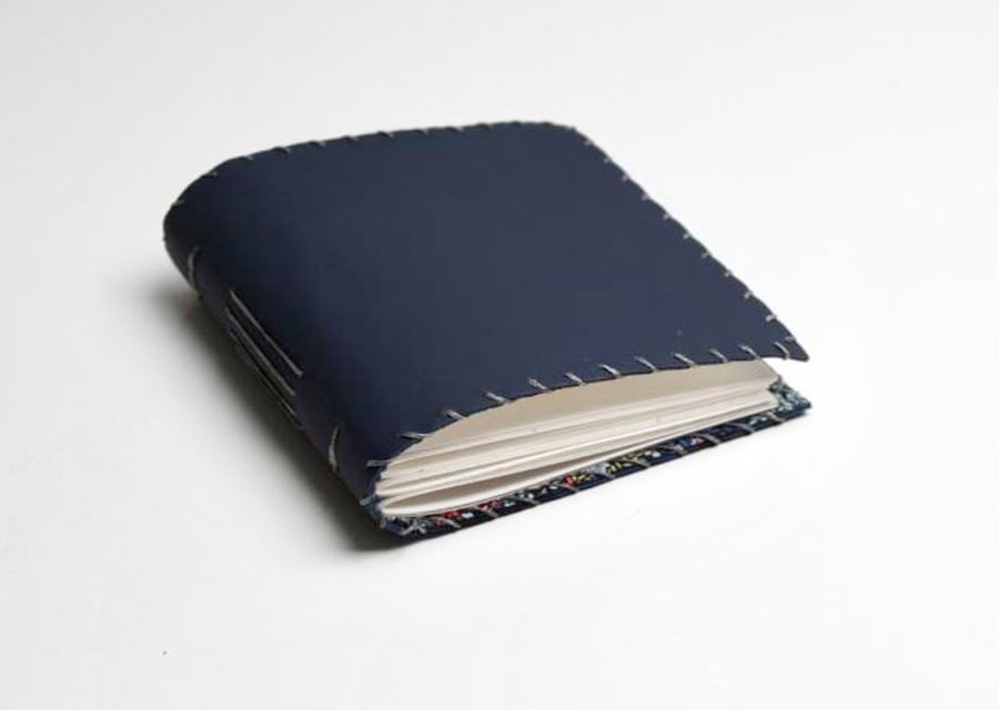Small Blue Handmade Leather Art Journal Floral Fabric Lining Watercolour Paper