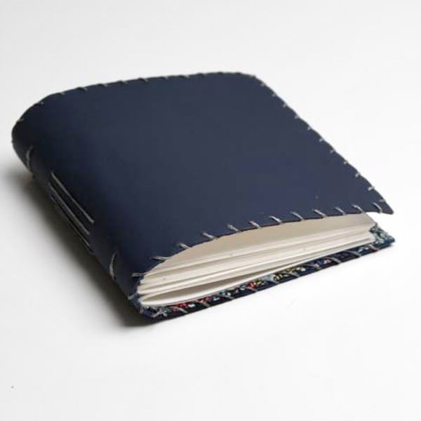 Small Blue Handmade Leather Art Journal Floral Fabric Lining Watercolour Paper